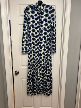 HUNTER BELL Blue, Navy & Cream Printed Midi Dress